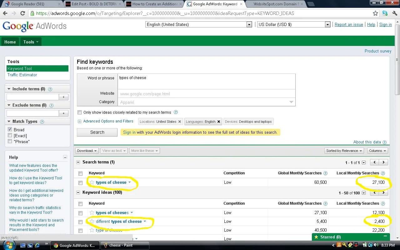 Screenshot of keyword search results