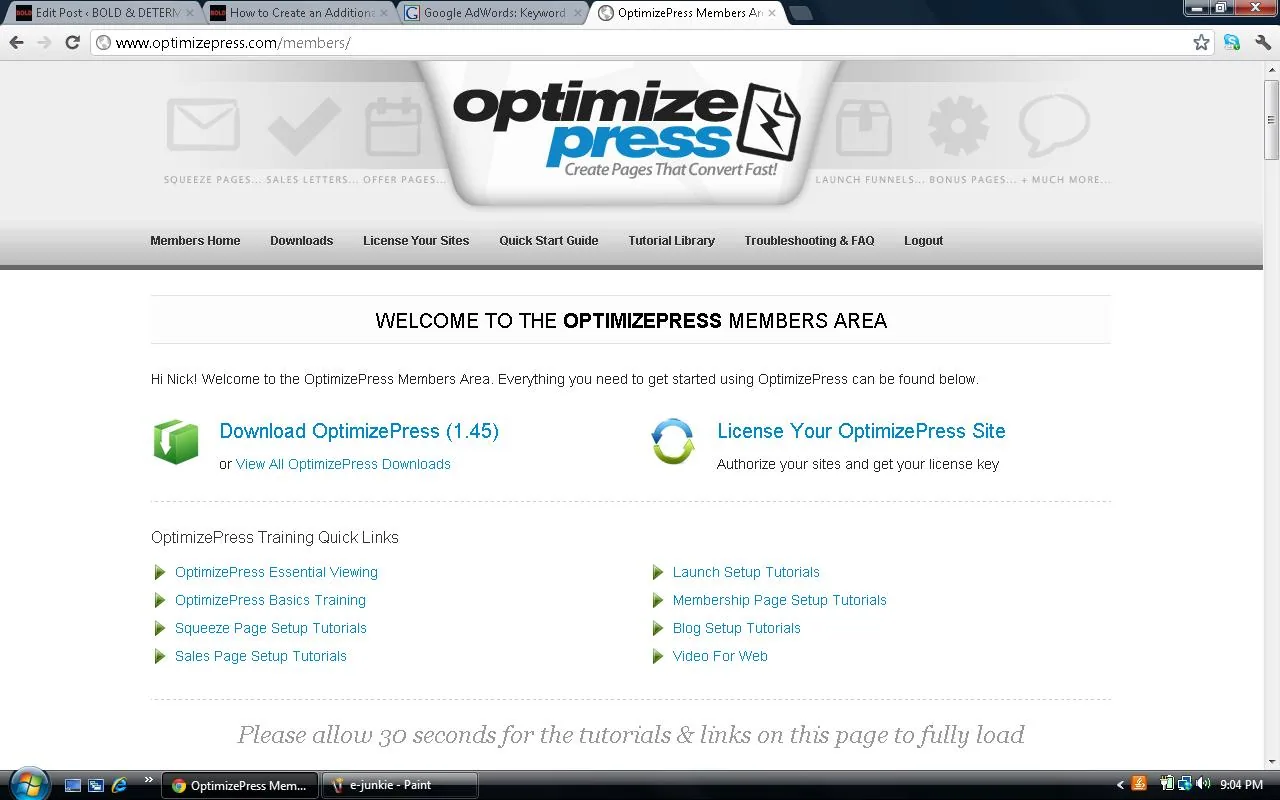 Screenshot of the OptimizePress members area