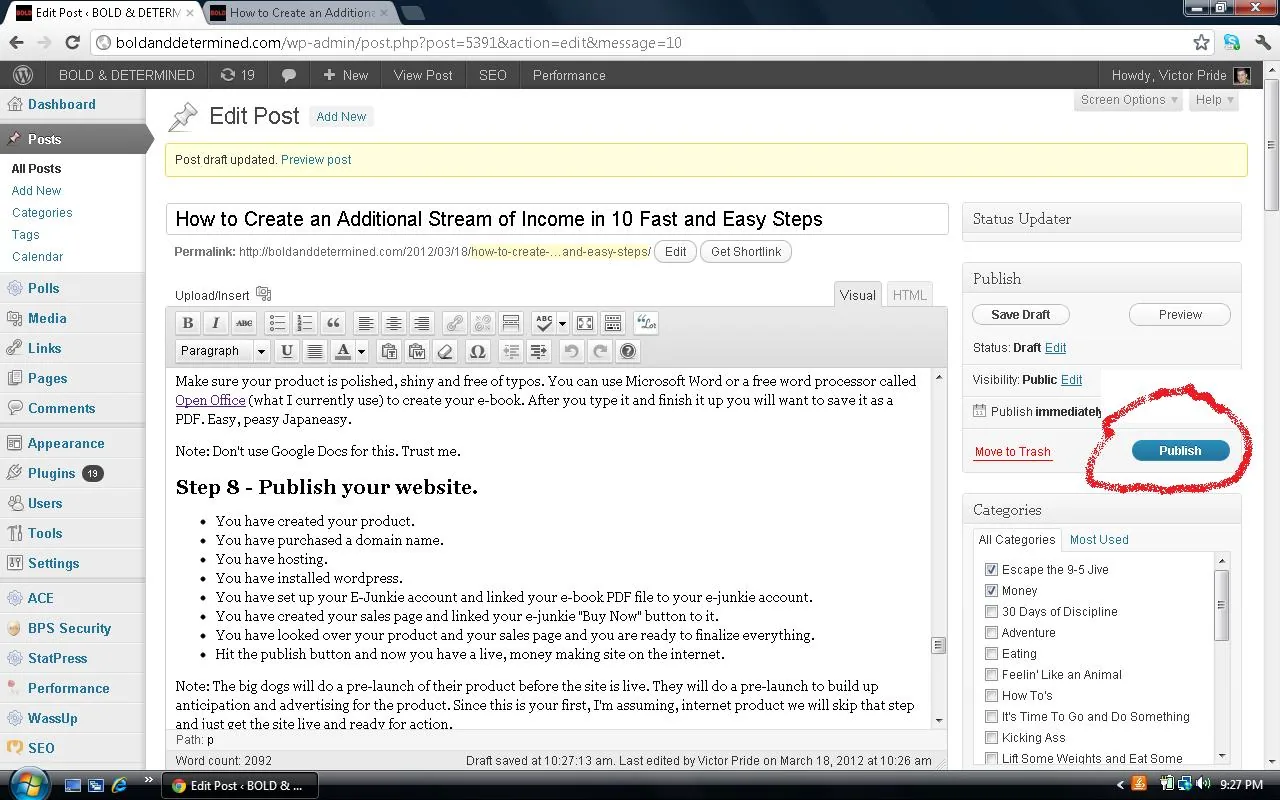 Screenshot of a blog post editor